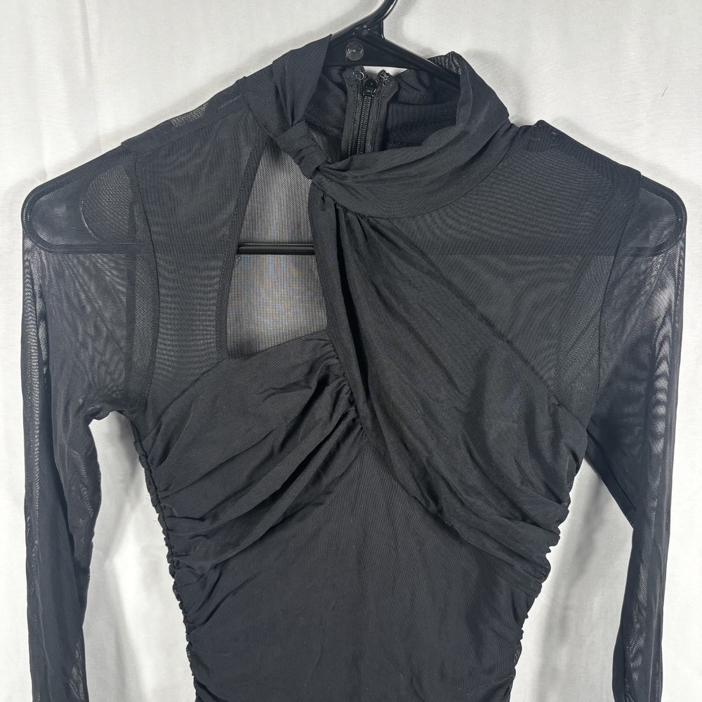 GUESS Los Angeles Black Ruched Mesh Long Sleeve Cutout Bodycon Dress